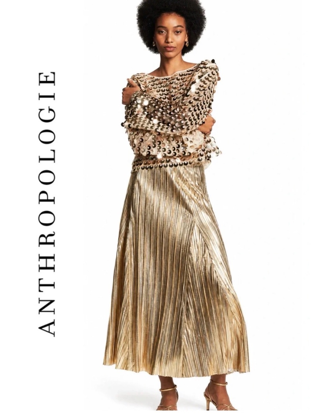 NWT Anthropologie Metallic Gold Pleated Maxi Skirt Small